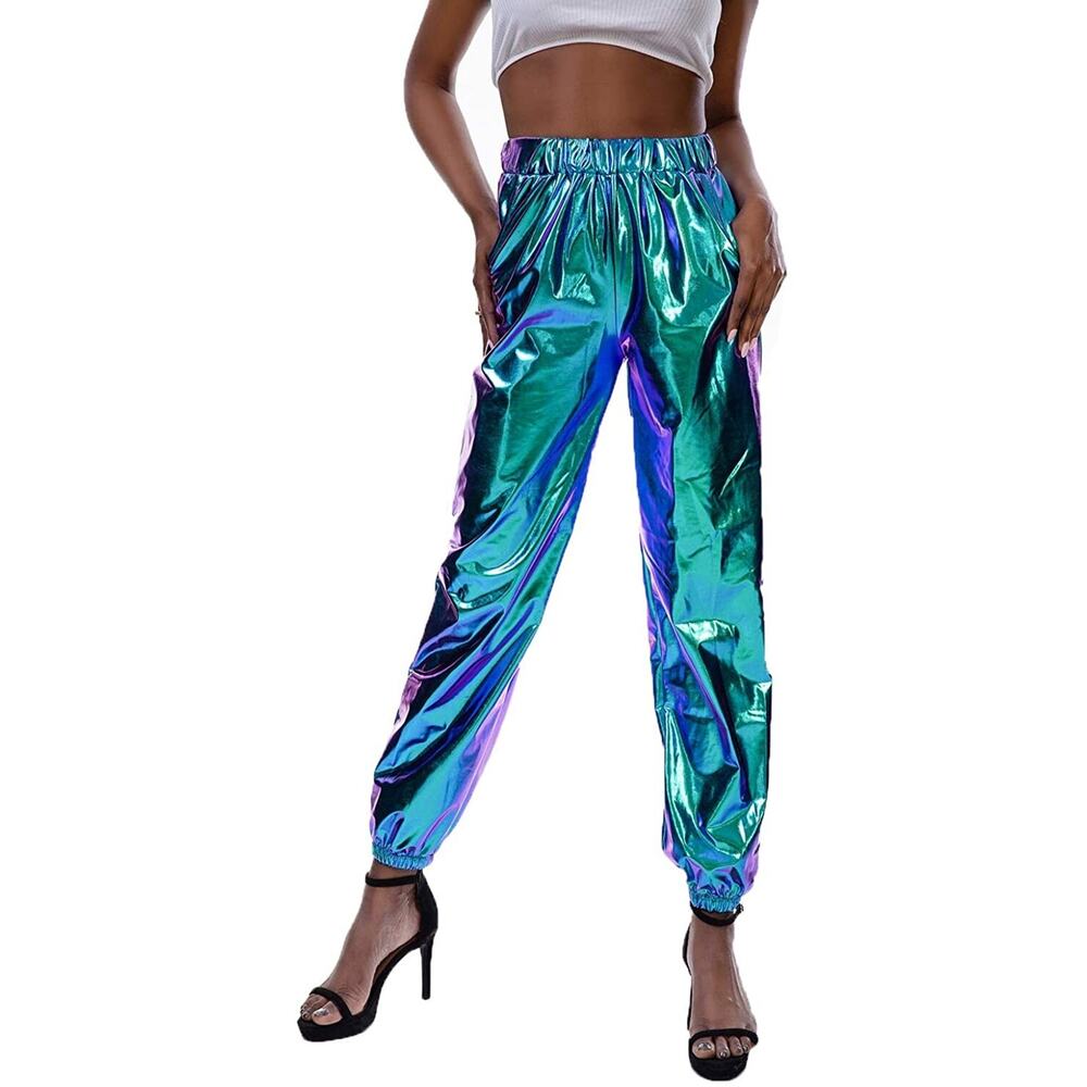 Pumpkino Iridescent Metallic Purple Blue Holographic Clubkid Track Pants M 30x27
